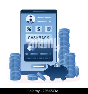 Concetto di rimborso. Smartphone con app bancaria, rimborso e carta di credito sullo schermo. Pile di monete e piggy bank. Ricompensa o rimborso bancario Illustrazione Vettoriale