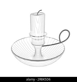 Candela Contour e supporto. Contorno del candelabro su sfondo bianco. Candela accesa in vecchio stile, candelabro su icona piatto supporto. Illustrazione Vettoriale