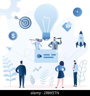 Lavoro di squadra, ricerca di idee di business concetto. Incubatore aziendale, avvio dello sviluppo e lavoro di squadra. Esseri umani con gruppo di persone di spyglass.Business, segni un Illustrazione Vettoriale