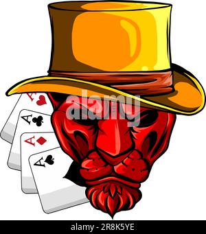 Ritratto di leone in cappello di boccale e assi di poker. disegno di illustrazione vettoriale. disegno a mano digitale Illustrazione Vettoriale