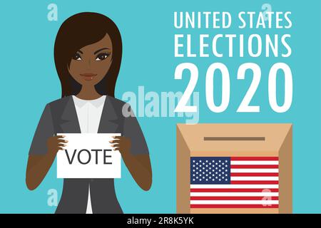 Carta holding femminile afroamericana con testo-voto. Cartoon box con bandiera usa e iscrizione - elezioni usa 2020. Presidenziale e Illustrazione Vettoriale