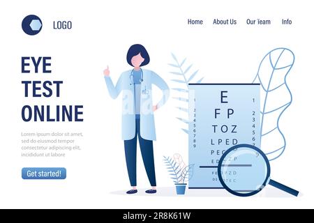 Modello di landing page di diagnostica oftalmologica e test oculistico grafico dei test oculistici. Test visivo. Esame ottico. Sospiro sano. Concetto di assistenza medica. ocu femmina Illustrazione Vettoriale