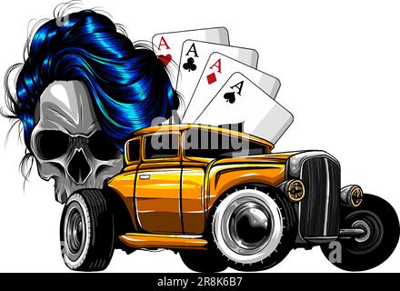 hot rod con cranio donna e poker assi disegno di illustrazione vettoriale su sfondo bianco Illustrazione Vettoriale