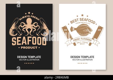 Set di poster retrò a base di pesce fresco, banner con gamberi, polpo e sogliola o passera dell'alaska. Vettore. Per emblema di pesce, insegna, menu ristoranti, pesce Illustrazione Vettoriale