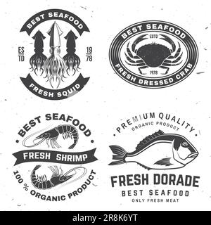 Set di migliori badge di pesce. Dorata fresca, polpo, gamberetti, gamberetti, granchio vestito, calamari deliziosi. Vettore. Per emblema di pesce, cartello, cerotto, camicia, menu Illustrazione Vettoriale