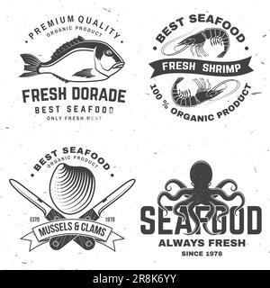 Set di migliori badge di pesce. Dorata fresca, polpo, gamberetti, cozze e vongole. Illustrazione vettoriale. Per emblema di pesce, cartello, cerotto, camicia, menu Illustrazione Vettoriale