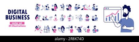 Insieme di vettori di uomini e donne in varie attività di business online utilizzando dispositivi mobili e computer per comunicare Illustrazione Vettoriale