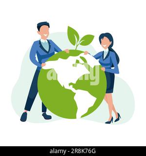 Energia verde, concetto di ambiente terrestre. Vettore di un giovane uomo e di una donna che abbraccia il globo terrestre Illustrazione Vettoriale