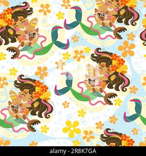 Modello infantile senza cuciture con simpatiche sirene felici, fiori e un gatto. Stile piatto dell'illustrazione vettoriale. Fantasia creativa per i bambini per design, stampa, lino, Illustrazione Vettoriale