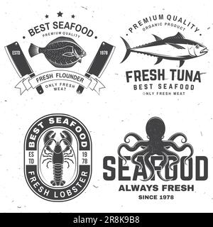 Set di migliori badge di pesce. Aragosta fresca, polpo, sogliola o passera dell'alaska, tonno. Illustrazione vettoriale. Per emblema di pesce, cartello, cerotto, camicia, menu Illustrazione Vettoriale