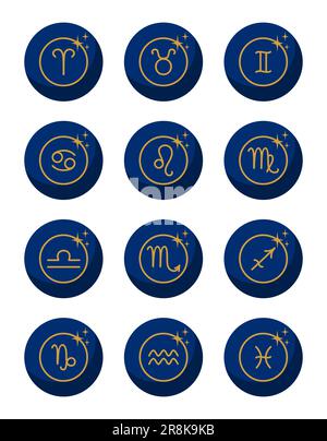 Set di segni zodiacali blu e oro. Illustrazione del vettore piatto Illustrazione Vettoriale