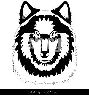 Illustrazione in bianco e nero di una testa di lupo; testa di animale monocromatica, disegno tribale Illustrazione Vettoriale