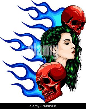 donna con cranio su fiamme vettore illustrazione. Illustrazione Vettoriale
