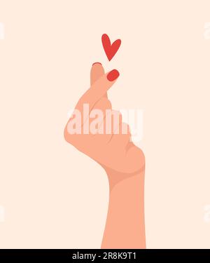 Mano femminile che mostra il cuore o segno d'amore con le dita. Illustrazione vettoriale in stile piatto Illustrazione Vettoriale