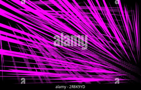 Sfondo di linee dinamiche rosa di movimento su sfondo nero con effetto mezzitoni. Sfondo vettoriale in stile manga. Illustrazione Vettoriale