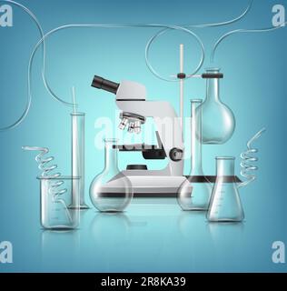 icona vettoriale realistica. Contesto farmaceutico e medico. Vetreria da laboratorio con provette per analisi, becher, tubazioni e microscopio. Illustrazione Vettoriale