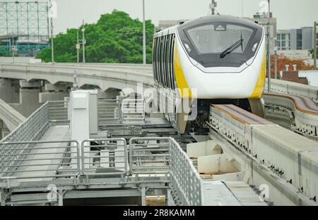 Treno monorotaia sopraelevato su rotaia. Monorotaia di trasporto pubblico. Moderno trasporto di massa. Veicoli elettrici. Trasporto ferroviario. Trasporto urbano. Treno per pendolari Foto Stock