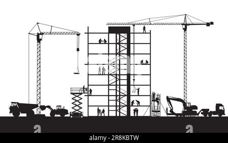 Azienda di costruzione con costruttori e macchine da costruzione illustrazione Illustrazione Vettoriale