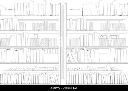 Vettore dello sfondo dello scaffale del libro della biblioteca. Beffa di libreria con libri bianchi. Outline Books sugli scaffali semplicemente retro vettore illustrazione. linea dra Illustrazione Vettoriale