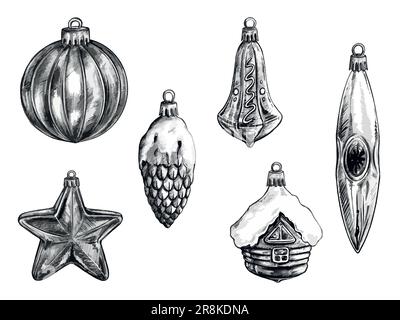 Set di giocattoli in vetro dell'albero di Natale di Capodanno: Palla, stella, cono, campana, casa, icicle disegno monocromatico isolato vettore digitale art. Illustrazione Vettoriale