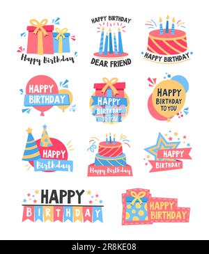 Buon compleanno coloratissimi distintivi Illustrazione Vettoriale