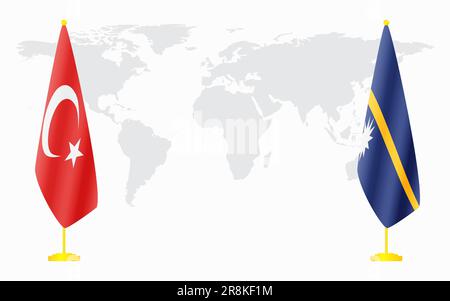 Bandiere di Turchia e Nauru per l'incontro ufficiale sullo sfondo della mappa mondiale. Illustrazione Vettoriale