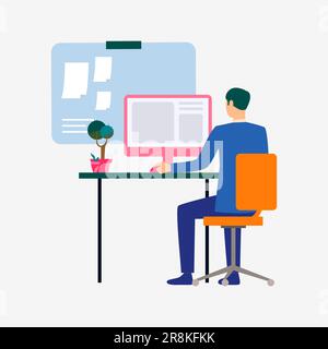 Uomo d'affari che lavora con il computer in ufficio illustrazione vettoriale Illustrazione Vettoriale