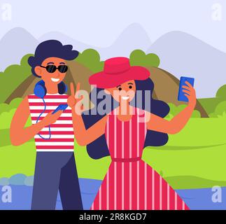 Donna che prende selfie con il suo ragazzo in vacanza Illustrazione Vettoriale