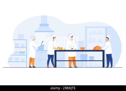 Chef, cuochi e camerieri che lavorano nella cucina del ristorante Illustrazione Vettoriale