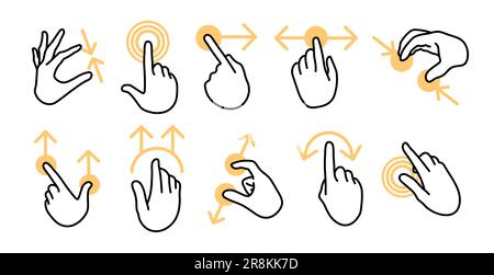 Vari gesti delle mani per il set di icone piatte dei dispositivi touchscreen Illustrazione Vettoriale