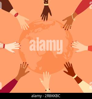 Le mani allungate di donne di diverse etnie fanno un cerchio con il globo della Terra dentro. Illustrazione vettoriale in stile piatto Illustrazione Vettoriale