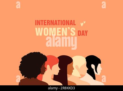 Vista laterale di cinque donne di diverse nazionalità che si riuniscono. Giornata internazionale della donna. Il concetto di amicizia delle donne e il movimento fo Illustrazione Vettoriale