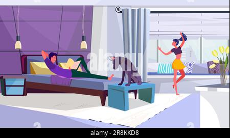 Coppia di famiglia con il cane che passa il tempo in camera da letto Illustrazione Vettoriale