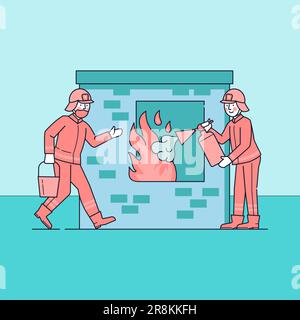 Vigili del fuoco che estinguono la fiamma attraverso la finestra Illustrazione Vettoriale