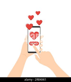 Mani che tengono il telefono cellulare con cuori volanti su sfondo bianco. Invio di una lettera d'amore o di un messaggio. Illustrazione vettoriale in stile piatto Illustrazione Vettoriale