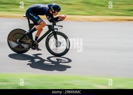 Darlington, Regno Unito. 21st giugno, 2023. Foto di Zac Williams/SWpix.com- 21/06/2023 - Ciclismo - Campionato britannico di strada Nazionale 2023 - Croft Circuit, Darlington, Inghilterra - Elite Men's Time Trial - Saint Piran. Credit: SWpix/Alamy Live News Foto Stock