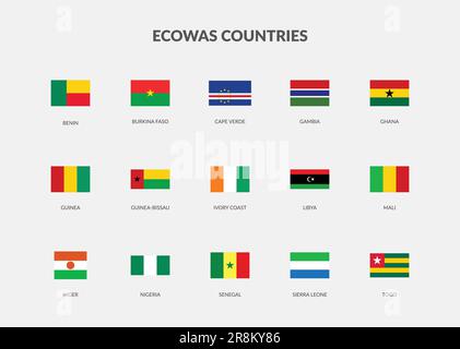 Paesi ECOWAS icona del flag rettangolo impostata. Illustrazione Vettoriale