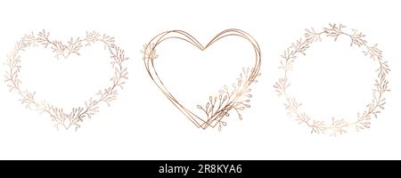 Cuori floreali e cerchio oro corona set. Corona di fiori d'oro. Elemento di disegno vettoriale floreale Illustrazione Vettoriale