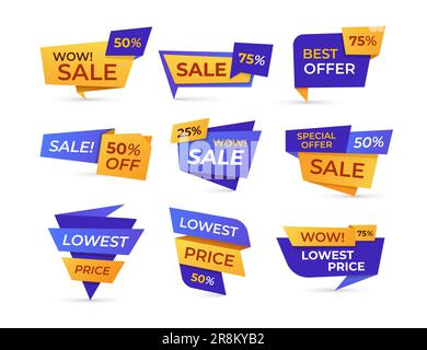 Vendita supermercato etichette icona set piatto Illustrazione Vettoriale