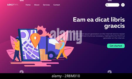 Addetto alla consegna e destinatario che si appoggiano allo smartphone con pin Illustrazione Vettoriale