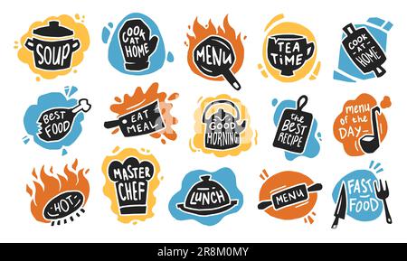 Set di icone piatto tipografia alimentare Illustrazione Vettoriale