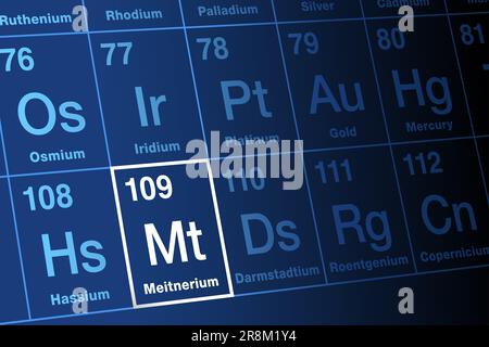 Meitnerium, sulla tavola periodica. Elemento transactinide sintetico estremamente radioattivo, superpesante, con simbolo dell'elemento Mt e numero atomico 109. Foto Stock