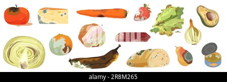 Illustrazione vettoriale del set alimentare danneggiato. Cartone animato isolato frutta cattiva, verdura e prodotti alimentari viziati da batteri e muffe, muffe sporche ingredienti alimentari scaduti con veleno sulla pelle Illustrazione Vettoriale