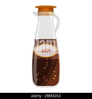 Salsa di soia in bottiglia. Salsa asiatica di soia in caraffa di vetro. Caraffa di vetro con salsa di soia giapponese per sushi, cottura, cottura o insalata. Illustrazione Vector Illustrazione Vettoriale