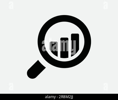 Icona di ricerca di mercato. Analisi dei grafici a barre Cerca lente d'ingrandimento Statistiche dati di mercato. Nero bianco segno simbolo grafico Clipart vettore EPS Illustrazione Vettoriale