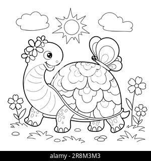 Tartaruga di cartone animato con una farfalla sulla sua parte posteriore. Disegno lineare in bianco e nero. Per la progettazione di libri da colorare per bambini, stampe, poster, biglietti, stic Illustrazione Vettoriale