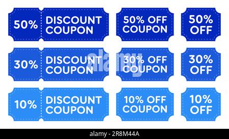 Set di icone piatte per buoni sconto blu Illustrazione Vettoriale