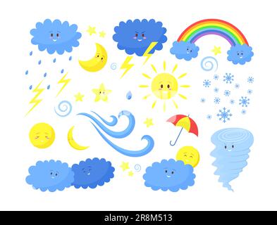 Carino tempo piatto icona set Illustrazione Vettoriale