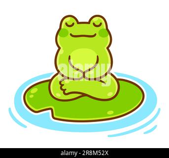 Carino piccolo cartone animato rana seduta in meditazione su giglio pad. Adorabile meditating froggy vettore illustrazione. Illustrazione Vettoriale