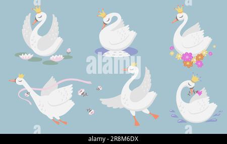 Carino principessa cigno piatto icona set Illustrazione Vettoriale